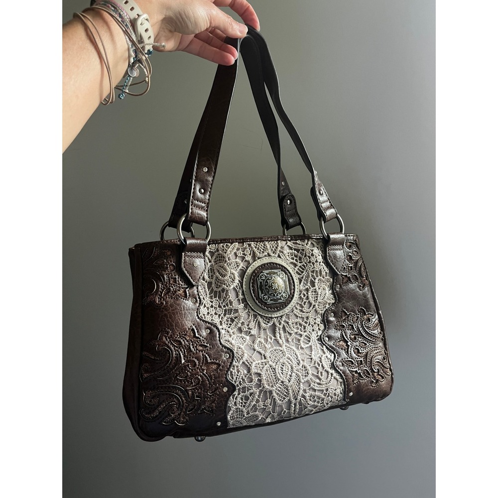 Brown Leather Western Shoulder Bag Lace Rhinestone Handbag Cowgirl Boho Rustic